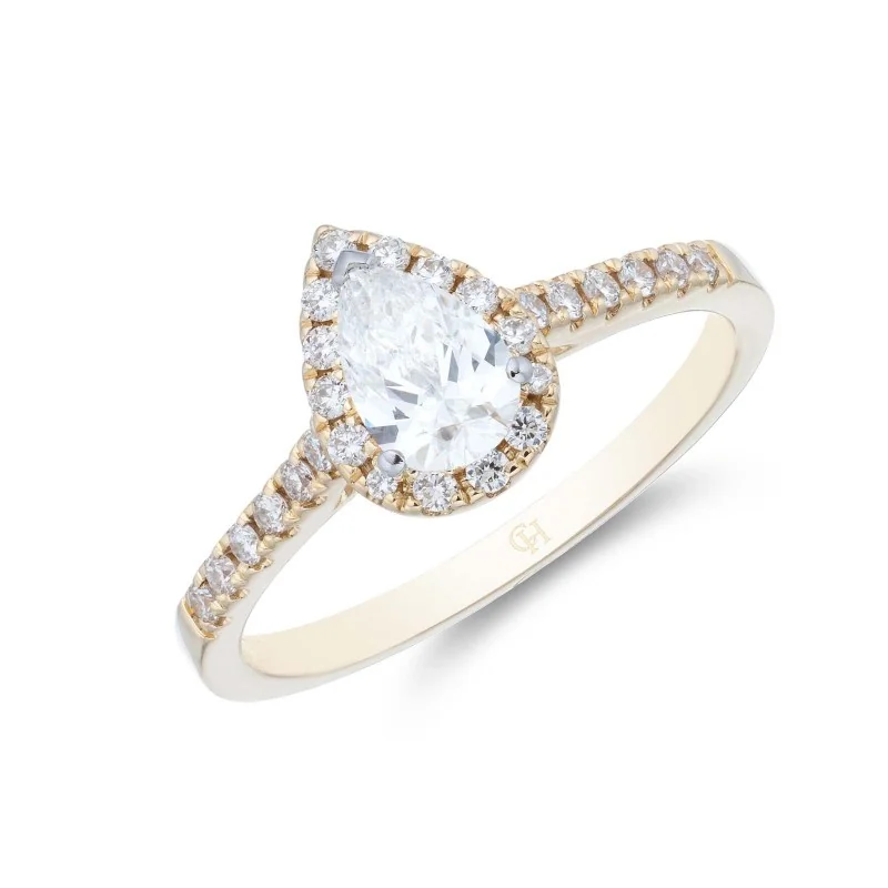 18ct Yellow Gold Pear Cut 0.75ct Diamond Halo Solitaire Ring