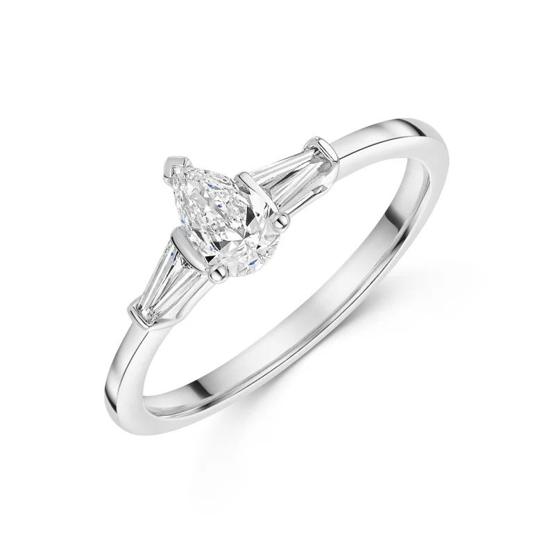 Platinum Pear Cut 0.40ct Diamond Solitaire Ring with Halo and Baguette Cut Shoulders