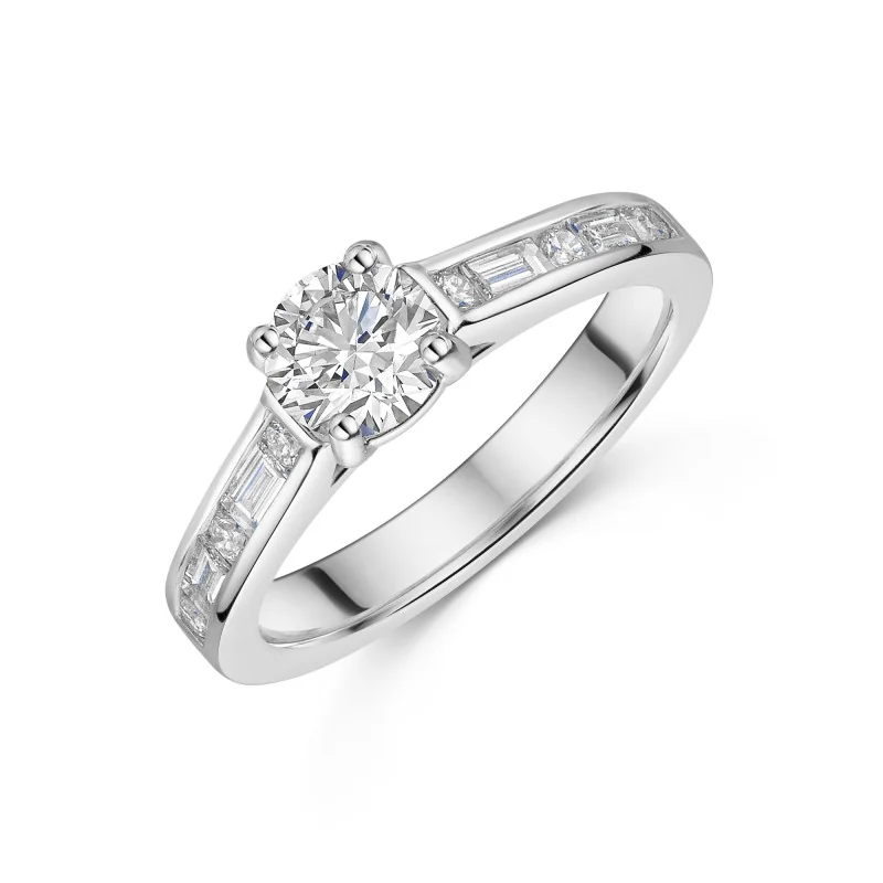 Platinum Round Brilliant 0.60ct Diamond Ring with Mixed Cut Channel Set Shoulders