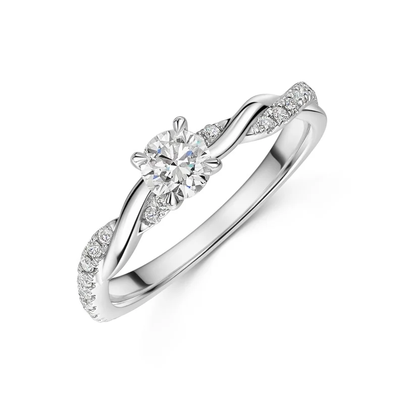 Platinum Round Brilliant Twist 0.33ct Diamond Solitaire Ring with Claw Set Shoulders