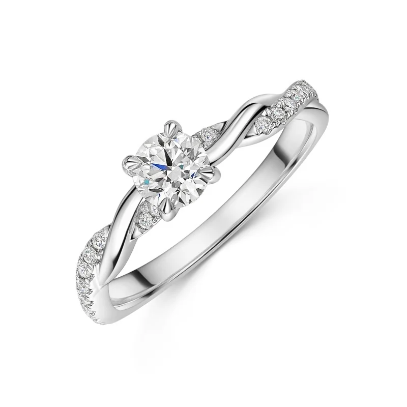Platinum Round Brilliant Twist 0.50ct Diamond Solitaire Ring with Claw Set Shoulders