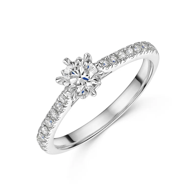 Platinum 6 Claw Tulip Set 0.40ct Round Brilliant Diamond Solitaire Ring with Diamond Shoulders