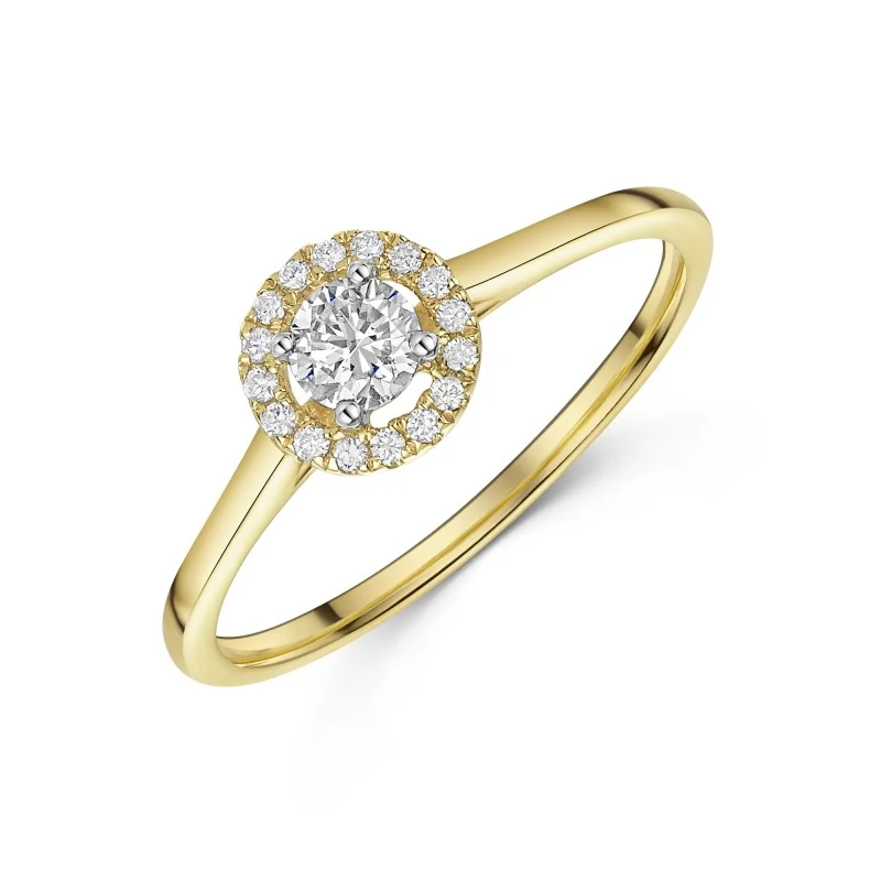 18ct Yellow Gold Round Brilliant 0.25ct Diamond Solitaire Ring with Diamond Halo and Shoulders