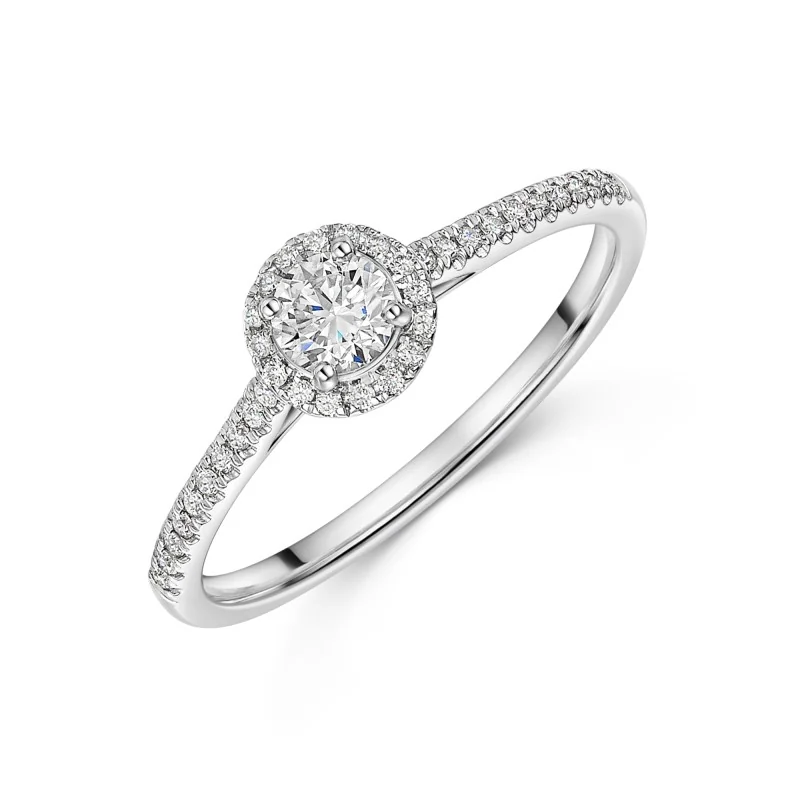 Platinum Round Brilliant 0.25ct Diamond Halo and Diamond Shoulders Ring