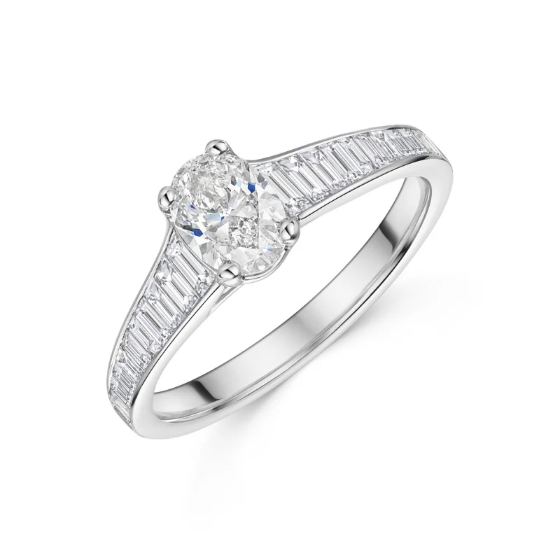 Platinum 1.40ct Oval Cut Diamond Ring with Baguette Cut Diamond Shoulders
