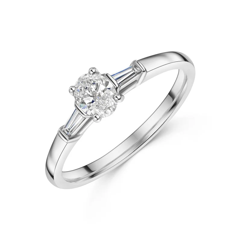 Platinum Oval Cut 0.40ct Diamond Ring with Baguette Shoulders