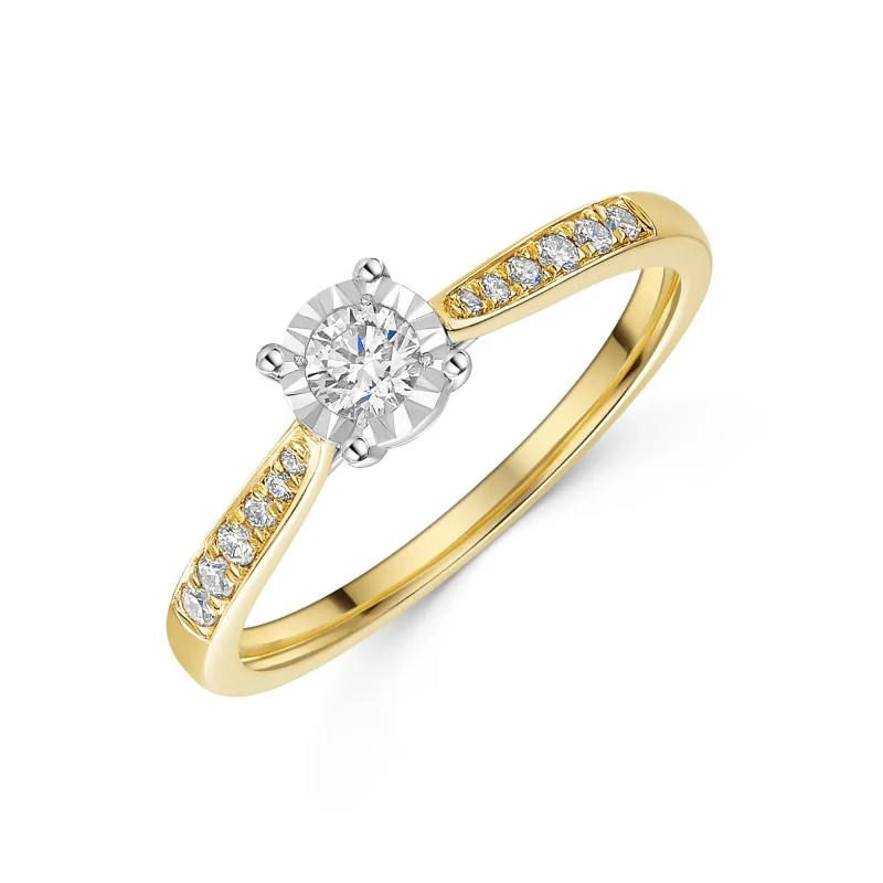 9ct Yellow Gold 0.25ct Round Brilliant Diamond Ring with Diamond Shoulders
