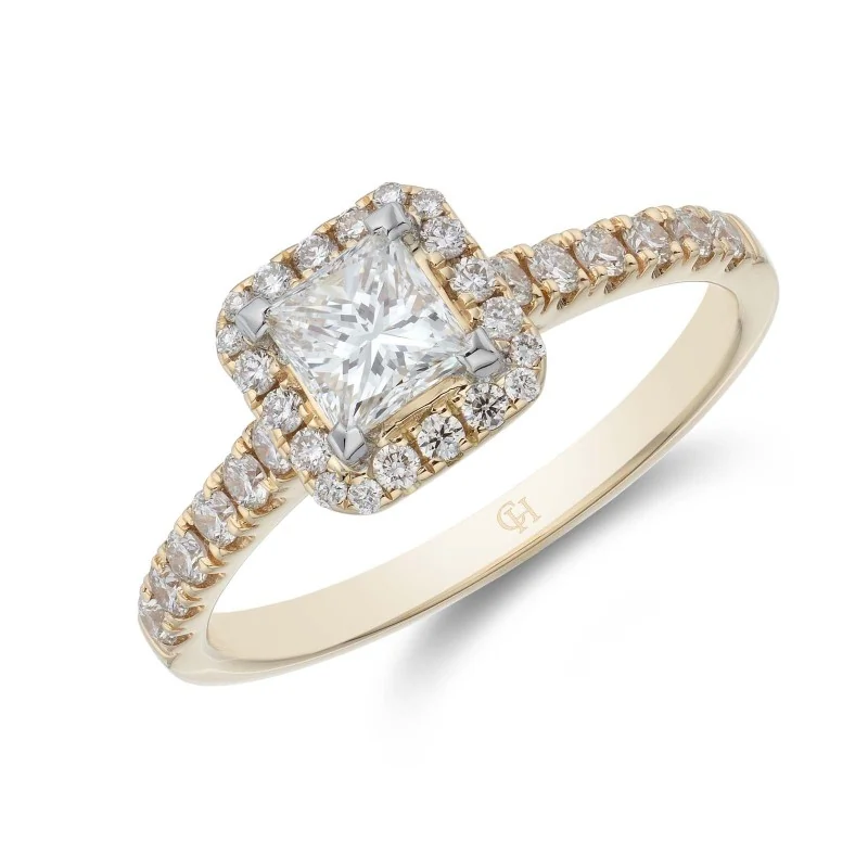18ct Yellow Gold Princess Cut 0.80ct Diamond Halo Solitaire Ring