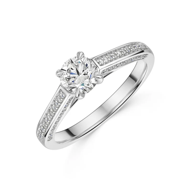 Platinum Round Brilliant 0.75ct Diamond Ring with Pave Set Shoulders