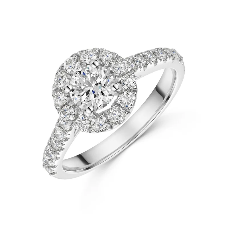 Platinum Round Brilliant 0.75ct Diamond Halo Ring with Diamond Shoulders