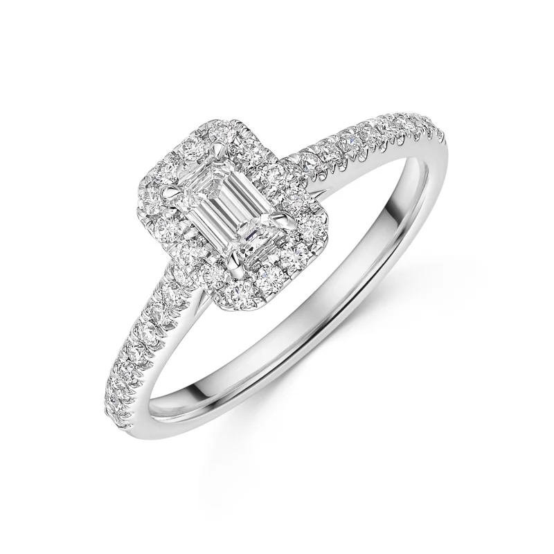 Platinum 0.33ct Emerald Cut Diamond Solitaire Ring with Diamond Halo and Shoulders