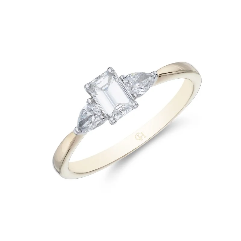 18ct Yellow Gold Emerald And Pear Cut 0.65ct Diamond Three Stone Ring 