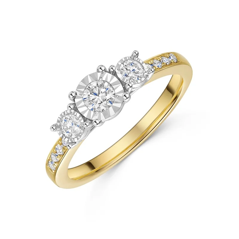 9ct Yellow Gold 0.30ct Diamond Illusion 3 Stone Ring with Diamond Shoulders
