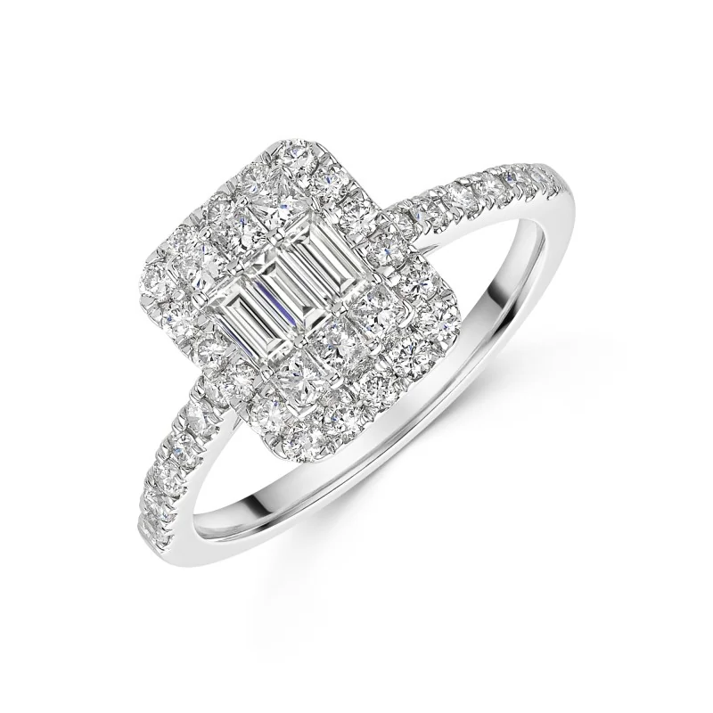 18ct White Gold Baguette & Round Brilliant Cut 0.80ct Diamond Cluster Ring