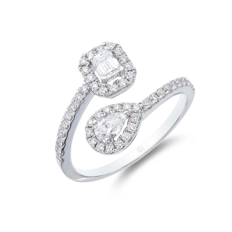 18ct White Gold Pear Emerald & Brilliant Cut 0.65ct Diamond Crossover Ring