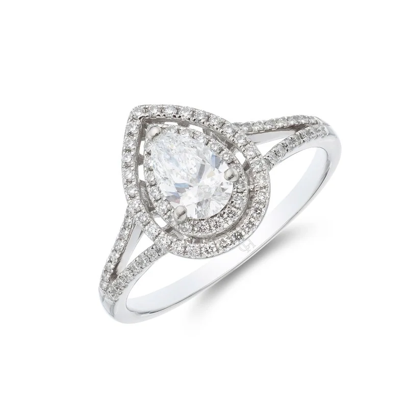 Platinum 0.65ct Pear Cut Double Halo Diamond Shoulders Solitaire 1.03ct total Weight