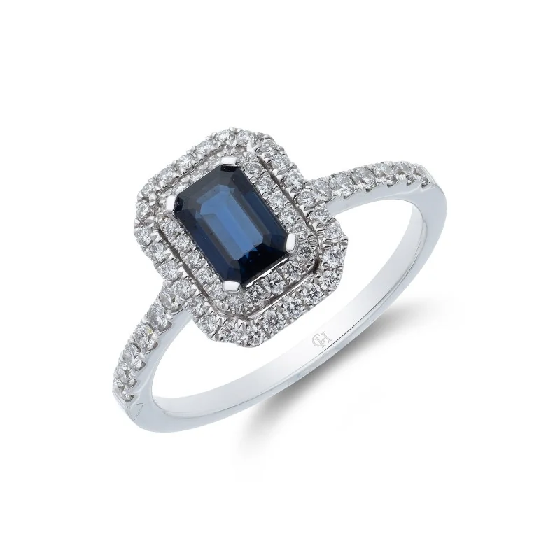 18ct White Gold Emerald Cut Sapphire 1.12ct Diamond Double Halo Ring