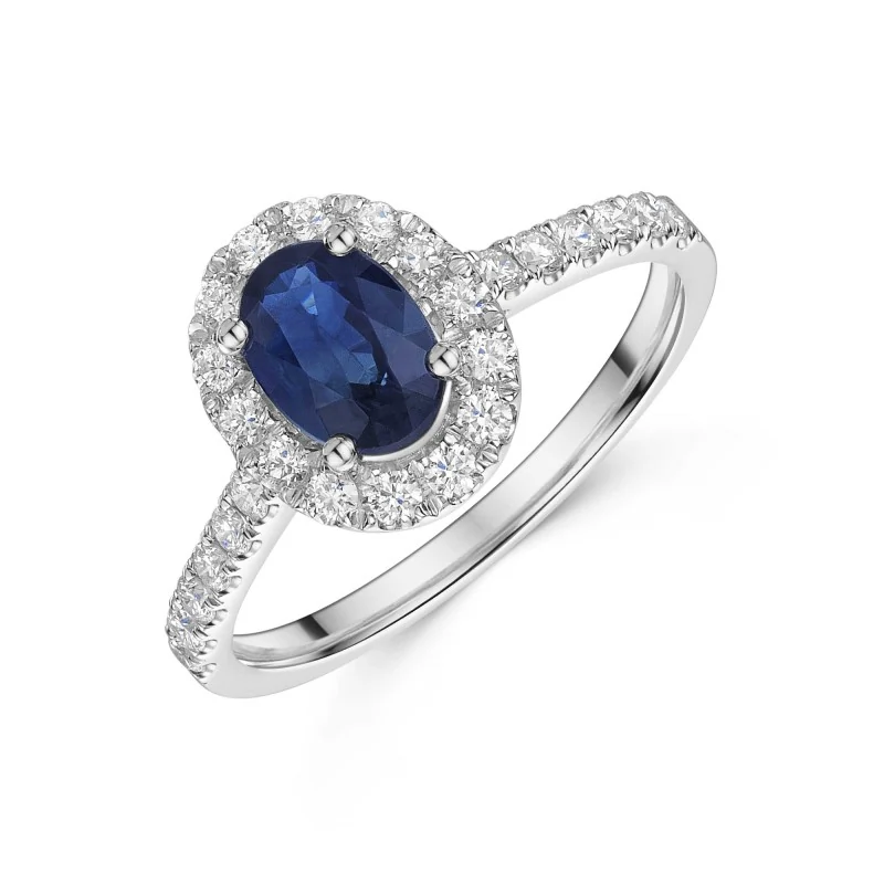 18ct White Gold Oval Cut 0.40ct Sapphire Diamond Halo Ring with Diamond Shoulders