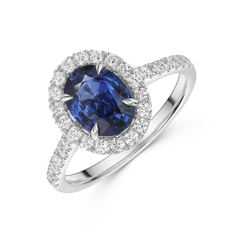 18ct White Gold Oval Cut 1.50ct Sapphire Ring with Diamond Halo and Shoulders