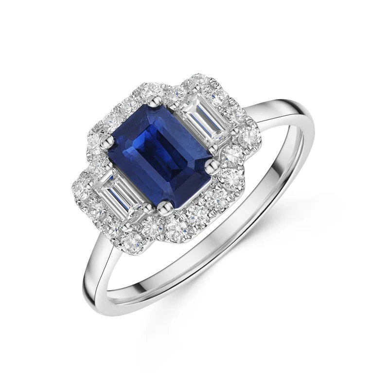 18ct White Gold Octagonal 1.20ct Sapphire Ring with Baguette and Round Brilliant Diamond Cluster