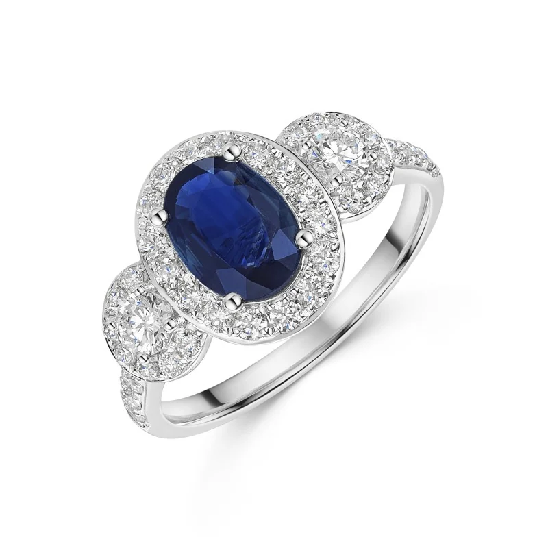 18ct White Gold Oval Cut 1.40ct Sapphire & Diamond Halo Cluster Ring