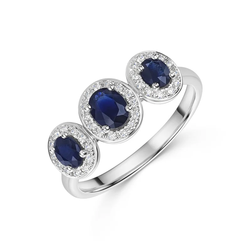 18ct White Gold Oval Cut 0.90ct Sapphire with Diamond Halo 3 Stone Ring