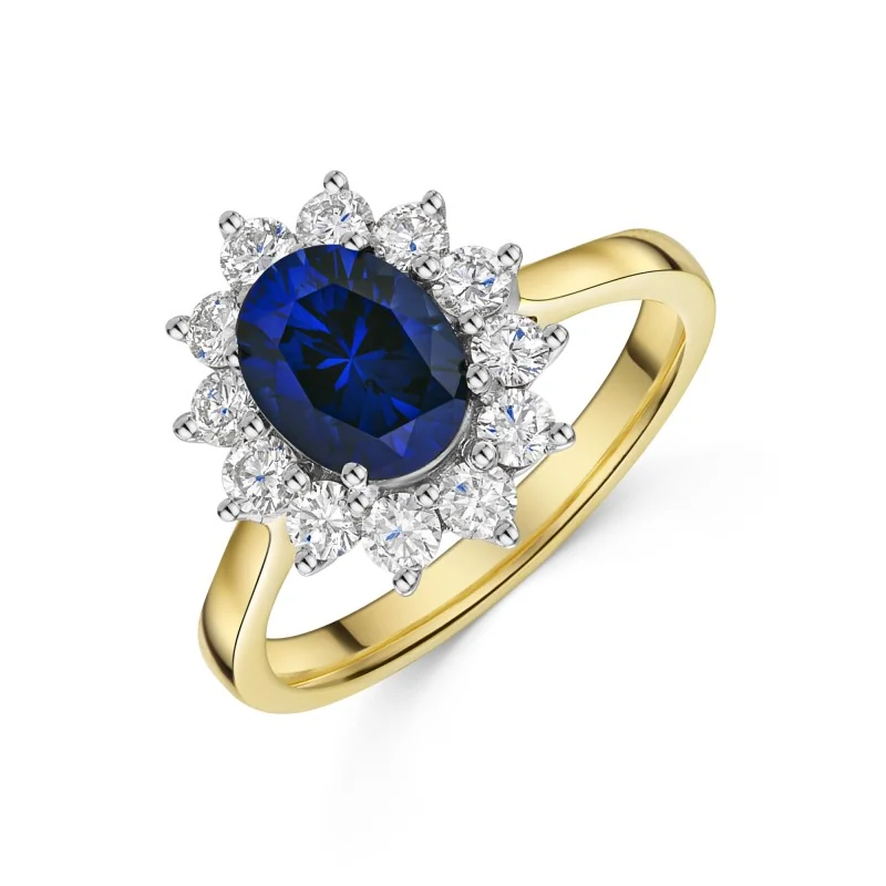 18ct Yellow Gold Oval Cut 1.65ct Sapphire & Diamond Halo Ring