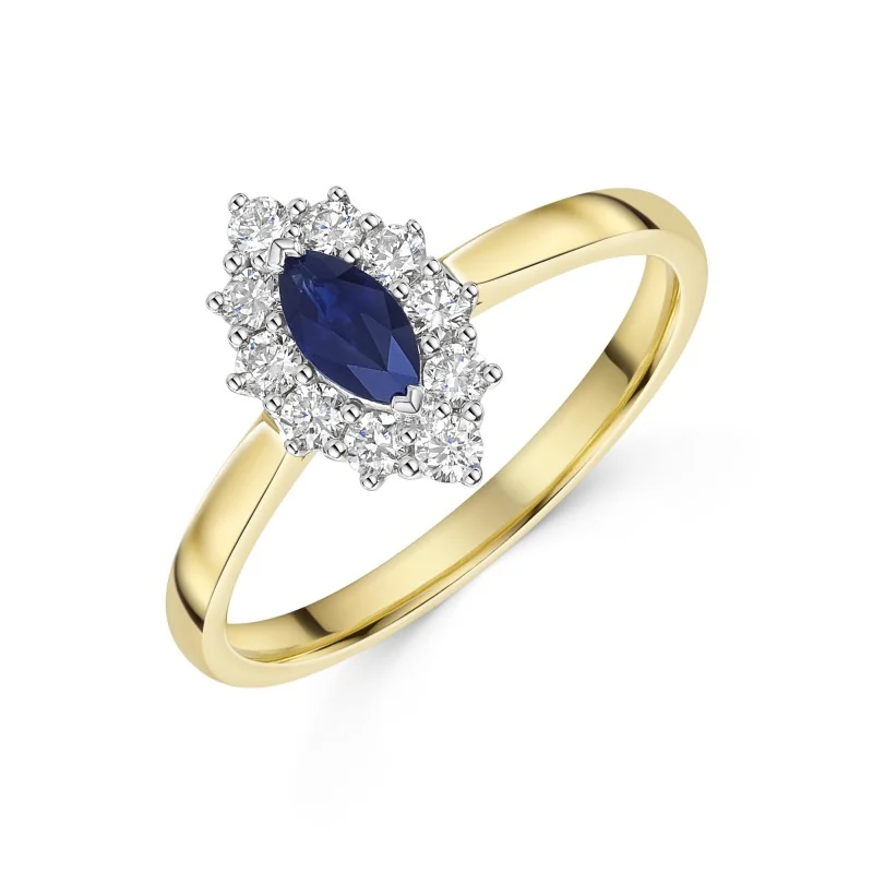 18ct Yellow Gold Marquise Cut 0.33ct Sapphire & Diamond Traditional Halo Cluster Ring