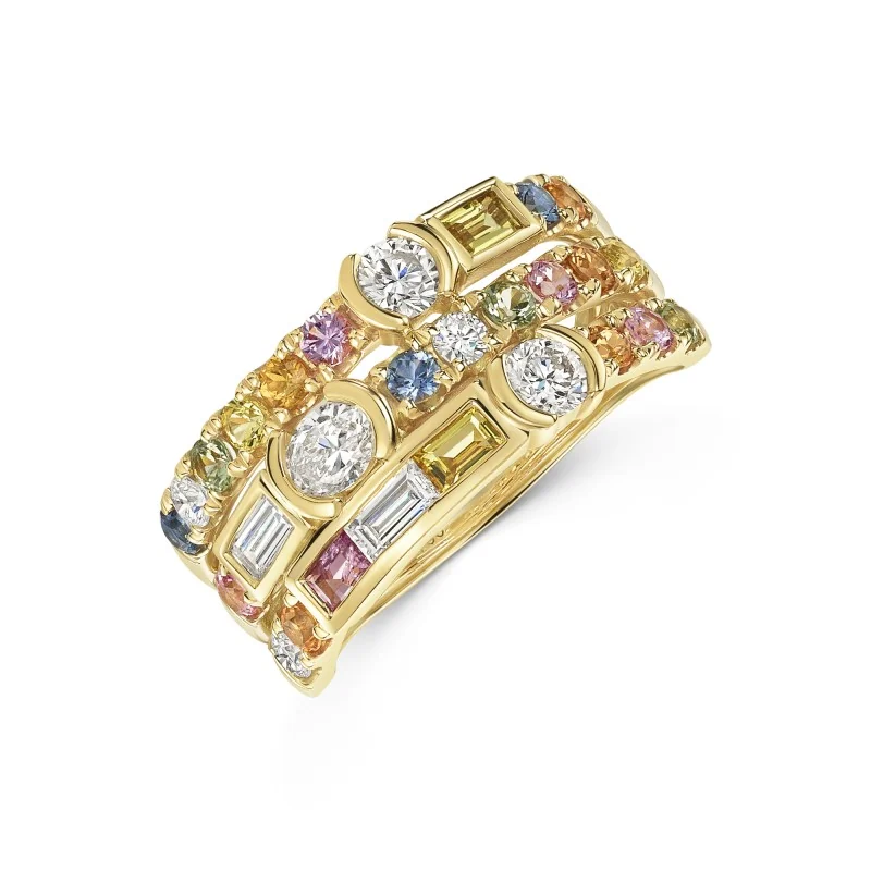 18ct Yellow Gold 0.75ct Blue, Yellow, Pink Sapphire & Lab Grown Diamond Triple Row Fancy Band