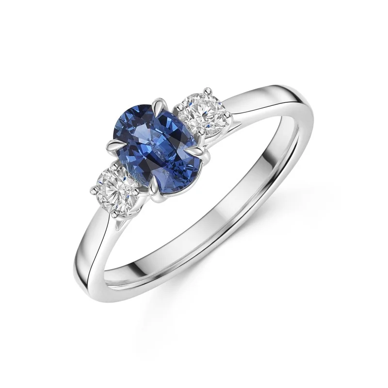18ct White Gold Oval 1.00ct Sapphire and Diamond Three Stone Ring