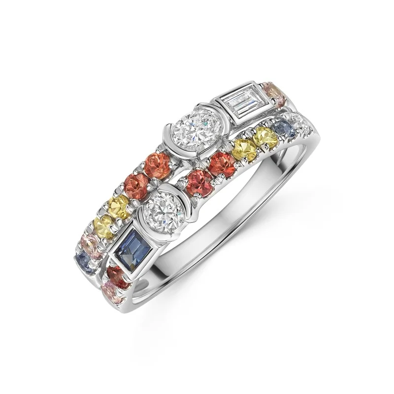 Platinum Multi-Coloured Sapphire & Lab Grown Diamond Double Row Fancy Band