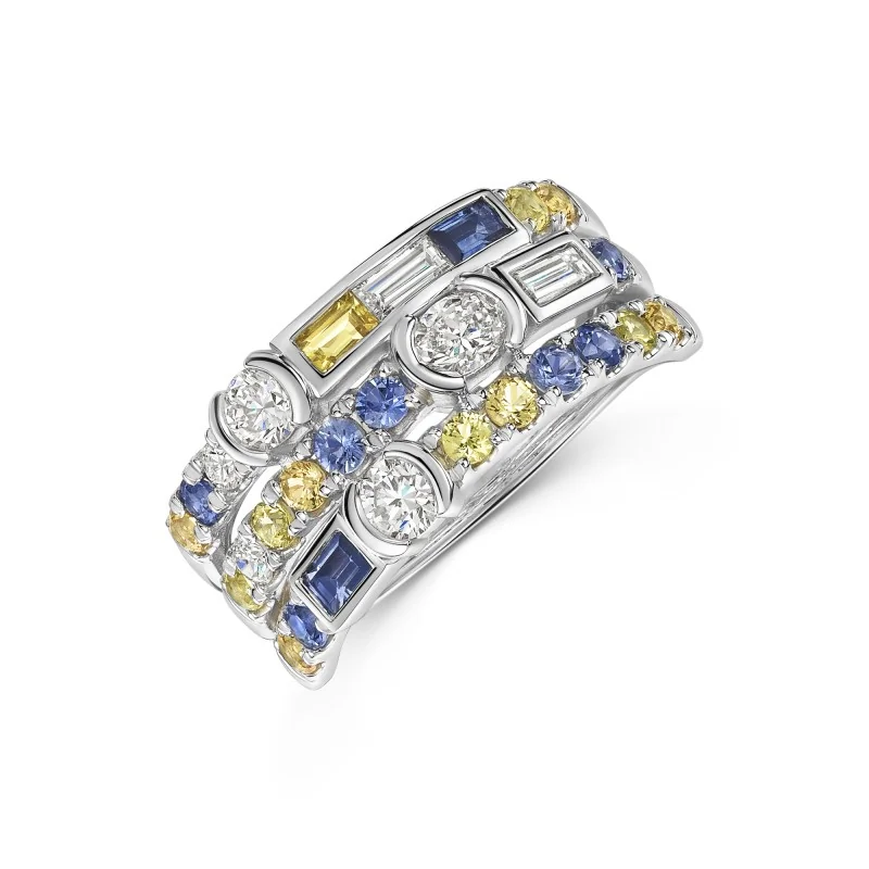 Platinum Mixed Cut 1.80ct Blue & Yellow Sapphire & Lab Grown Diamond Triple Row Fancy Band