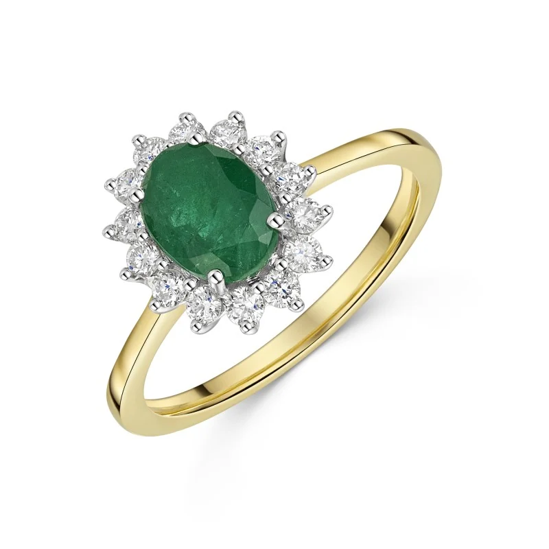 18ct Yellow Gold 1.30ct Oval Cut Emerald Ring with 0.36ct Diamond Halo