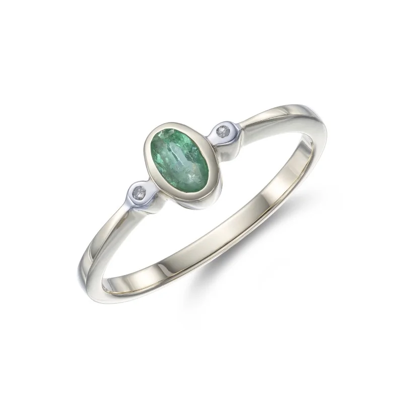 9ct Yellow Gold Diamond and 0.04ct Emerald Bezel Set Ring