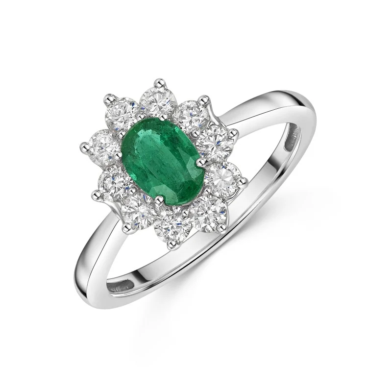 Platinum Oval Cut 1.26ct Emerald and Diamond Halo Cluster Ring