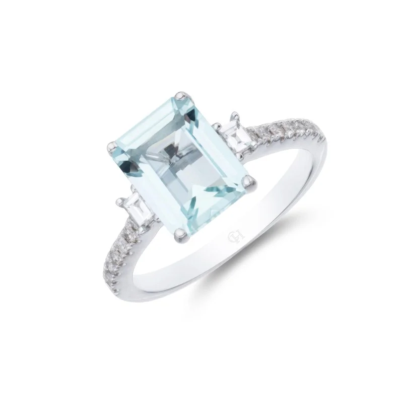 9ct White Gold Brilliant Cut Diamond and Baguette Cut Aquamarine 0.18ct And 2.50ct Three Stone Ring
