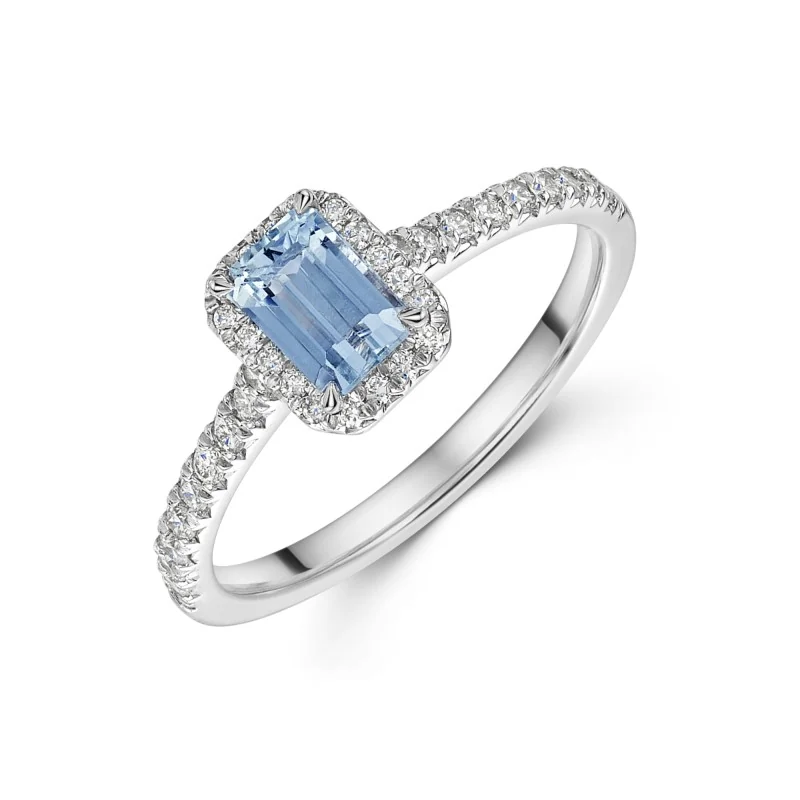 9ct White Gold 0.75ct Emerald Aquamarine & Diamond Halo Ring