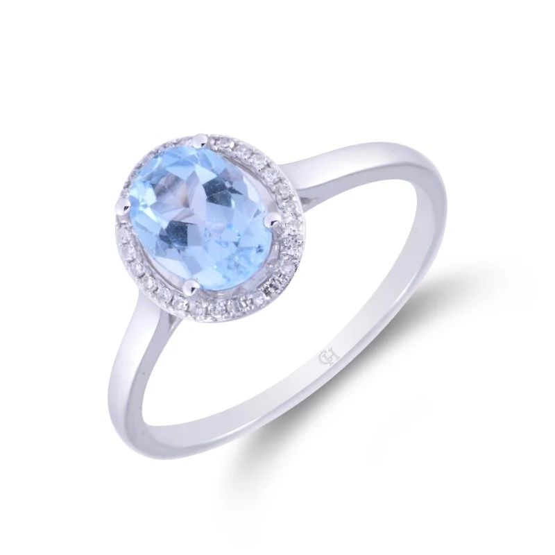 9ct White Gold Oval Cut Topaz 1.71ct Diamond Halo Ring