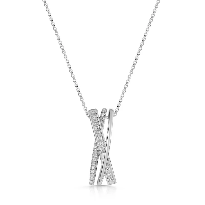 18ct White Gold Princess & Round Brilliant Cut 0.40ct Diamond Multi Strand Cross Over Pendant