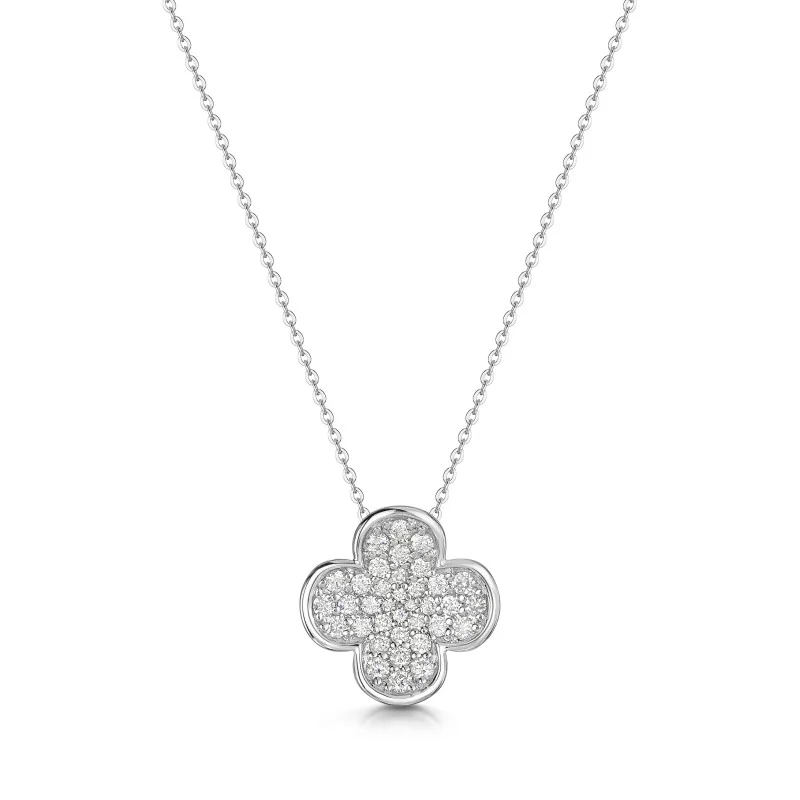 9ct White Gold 0.31ct Diamond Cluster Clover Pendant Necklace