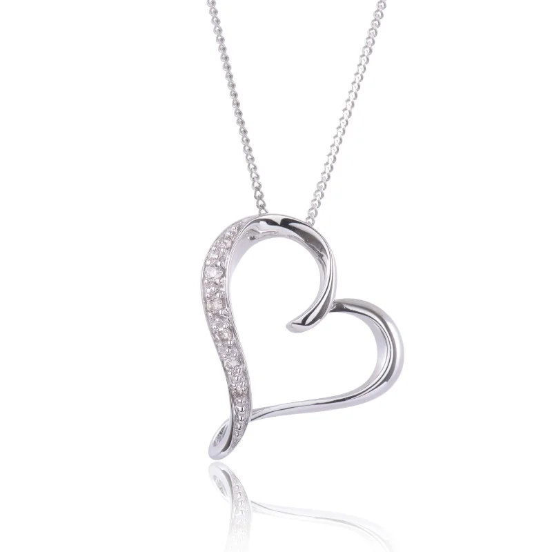 9ct White Gold Round Brilliant 0.05ct Diamond Open Heart Pendant