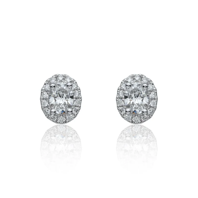 18ct White Gold Oval Cut 0.70ct Diamond Halo Stud Earrings