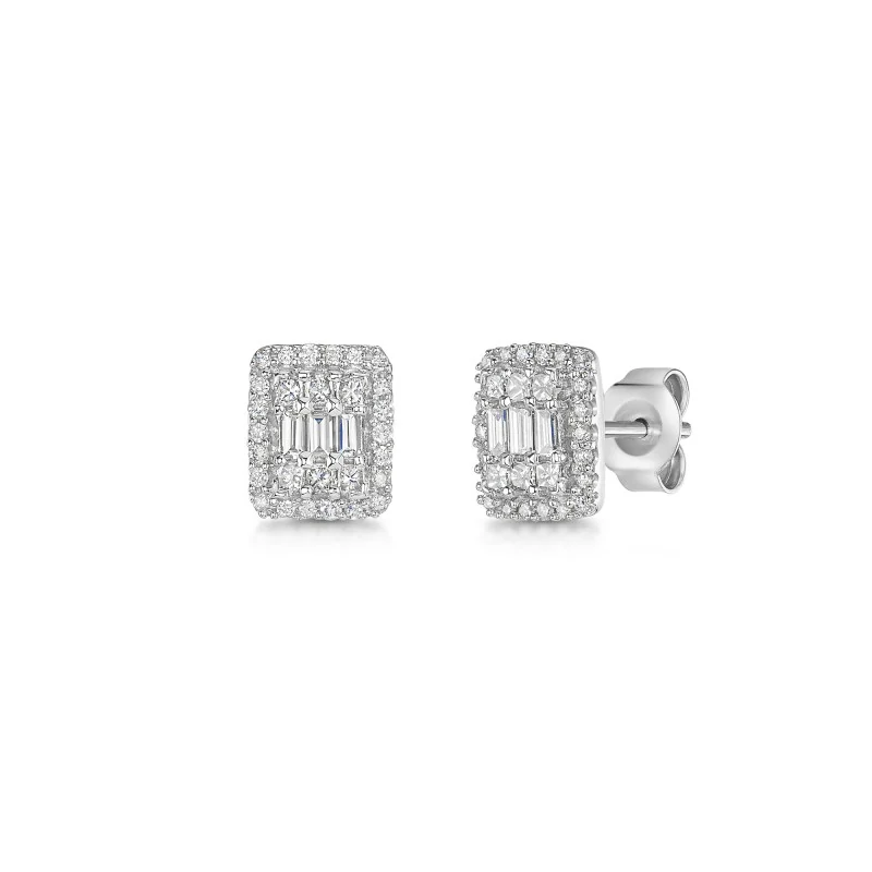 9ct White Gold Baguette & Round Brilliant Cut 0.50ct Diamond Cluster Earrings
