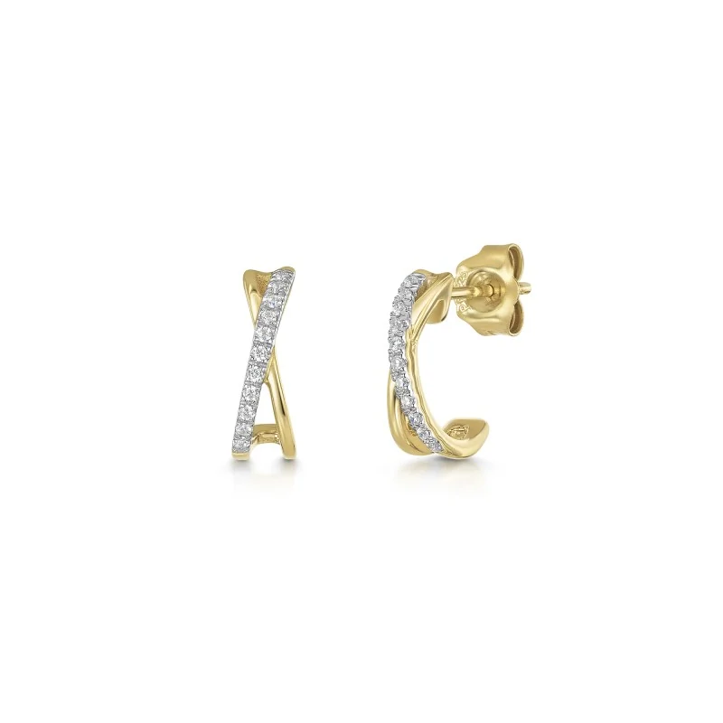 9ct Yellow Gold Round Brilliant 0.08ct Diamond Cross Over Hoops Earrings