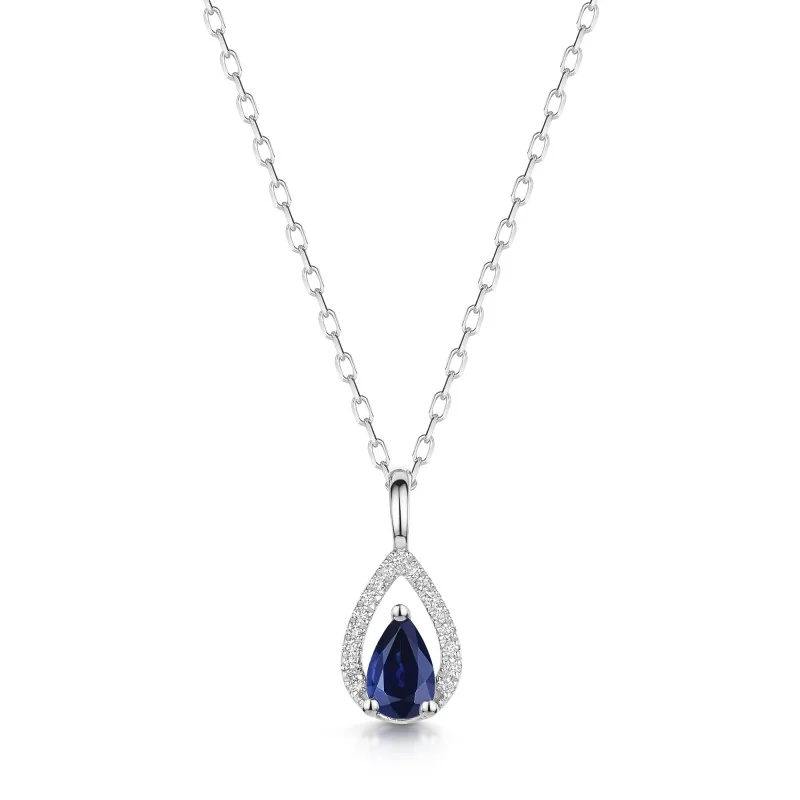 18ct White Gold 0.57 Pear Cut Blue Sapphire & Diamond Pendant Necklace