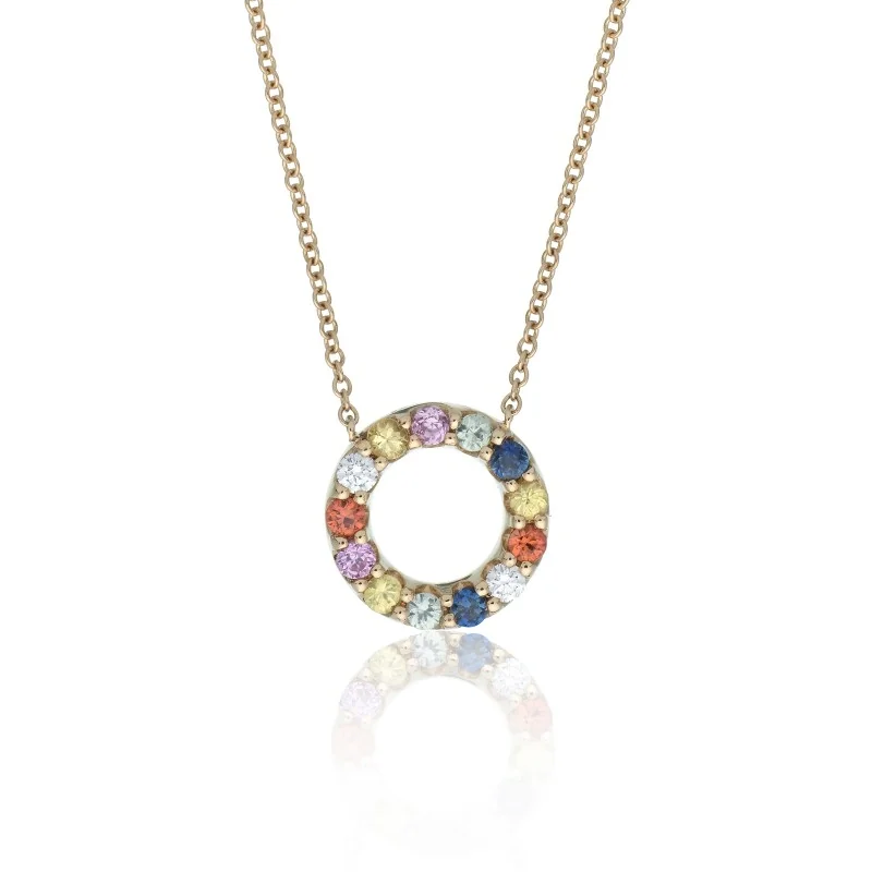 9ct Yellow Gold Brilliant Cut 0.37ct Rainbow Sapphire and Diamond Circle Necklace