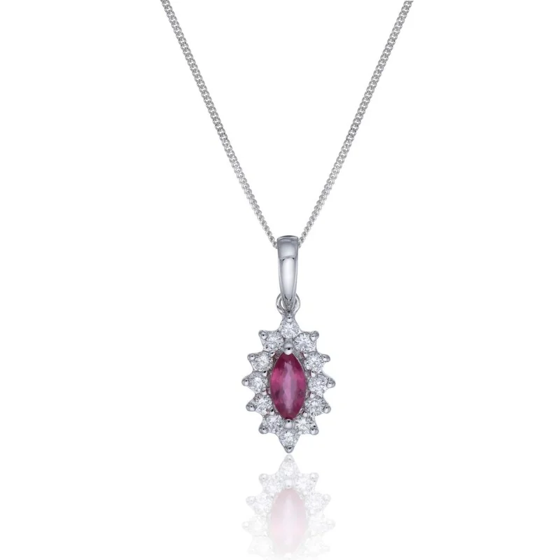 9ct White Oval Gold Ruby and Diamond Halo Pendant