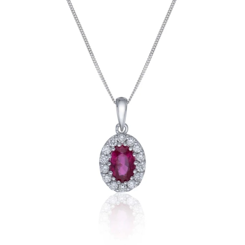 9ct White Gold Ruby and Diamond Halo Pendant