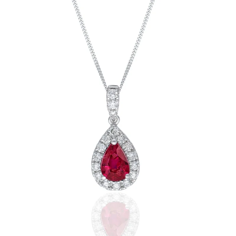 9ct White Gold 0.70ct Pear Cut Ruby & Diamond Halo Pendant