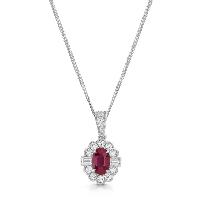 18ct White Gold 1.47ct Oval Cut Ruby and Mixed Cut Diamond Halo Pendant